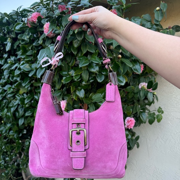Coach Handbags - Pink Suede Coach Hampton Soho Hobo Bag